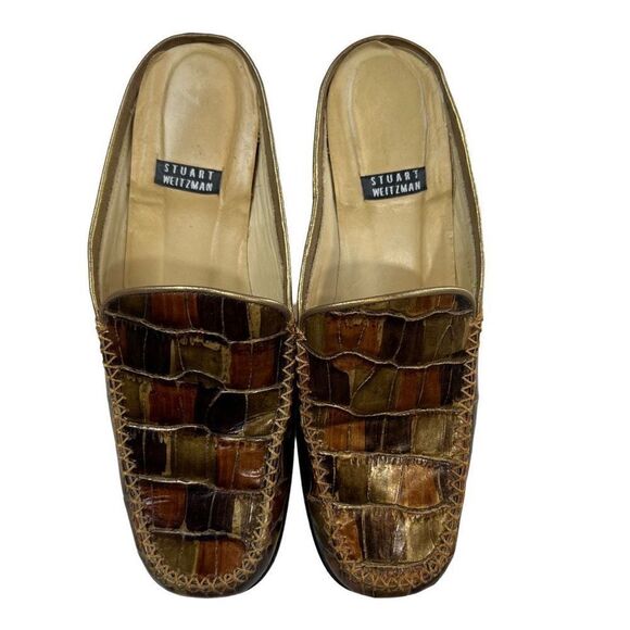 Stuart Weitzman Womens Crocodile Patent Leather Block Heel Mule Shoes Brown - Picture 2 of 8